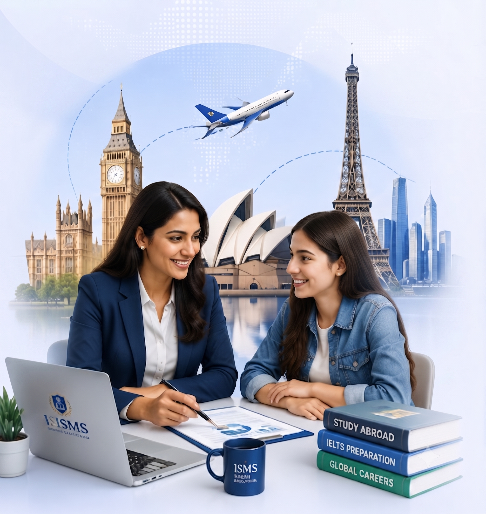 Two counselors reviewing study abroad materials at desk
