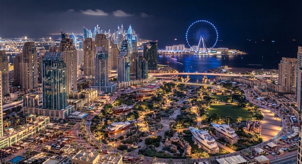 Dubai Marina Night Skyline and Ain Dubai